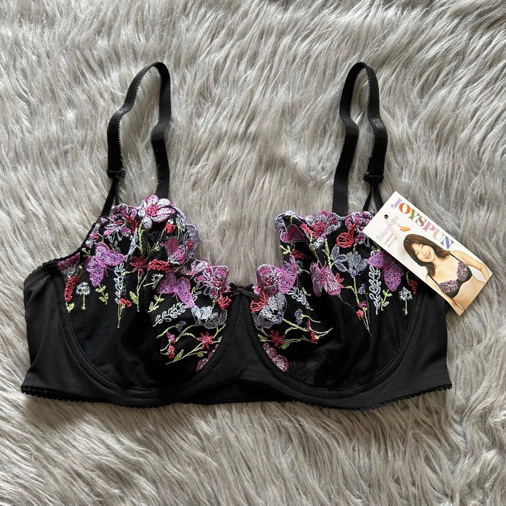 Joyspun Balconette Demi Cup Bra Womens Size 36D Black Floral Lace Sheer Mesh Bra